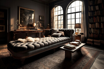 Stylish living room interior with comfortable black sofa