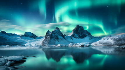 Naklejka premium Panorama of Aurora borealis, Northern lights with starry in the night sky