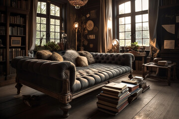 Stylish living room interior with comfortable black sofa