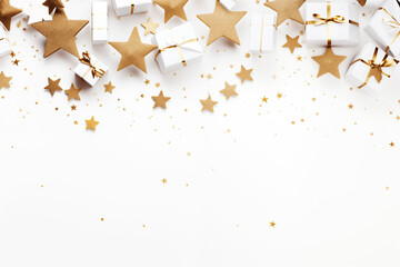white and gold gift boxes scattered on a white background with golden stars