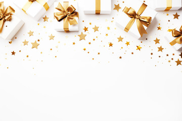 white and gold gift boxes scattered on a white background with golden stars