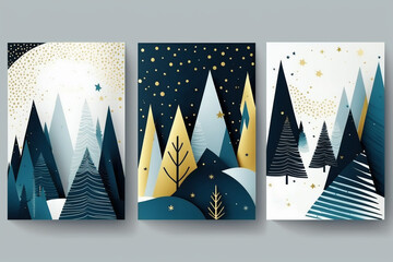 Christmas trees greeting card. Traditional Corporate Holiday cards with Christmas tree and copy space. Universal artistic templates.