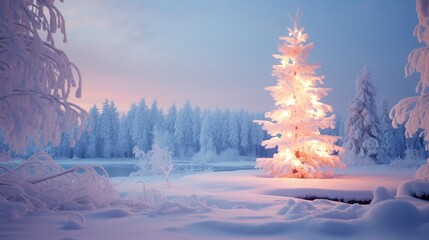 Early morning at dawn in a very snowy forest, a tree in the snow shines with Christmas lights