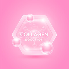 Pink collagen solution vitamins in hexagon. Hyaluronic acid serum and Moisturizer Essential to the health skin care. For cosmetic label or beauty nutrition. Vector EPS10. - obrazy, fototapety, plakaty