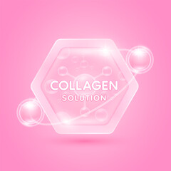 Pink vitamins hyaluronic acid serum and moisturizer surrounds the collagen solution in hexagon. Essential to the health skin care. For cosmetic label or beauty nutrition. Vector EPS10. - obrazy, fototapety, plakaty