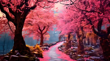 spring in the park, landscape with blossom and mountain, cherry blossom