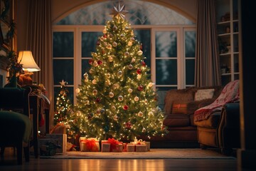 Árbol de Navidad iluminado dentro de casa - obrazy, fototapety, plakaty