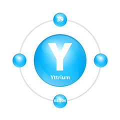 Yttrium (Y) Icon structure chemical element round shape circle light blue with surround ring. Period number shows of energy levels of electron. Study science for education. 3D Illustration vector.