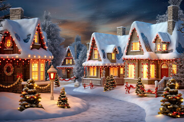 christmas village with snow in vintage style. christmas and happy new year concept