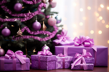 Fototapeta na wymiar Splendid purple Christmas tree, carefully decorated, awaits the arrival of precious gift-giving moments.