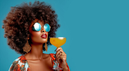 FASHIONABLE, GLAMOROUS AFRICAN AMERICAN BLACK WOMAN WITH COCKTAIL. legal AI - obrazy, fototapety, plakaty