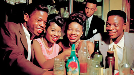 AFRICAN AMERICAN PARTY IN A RESTAURANT. RETRO, 50S, 60S. legal AI