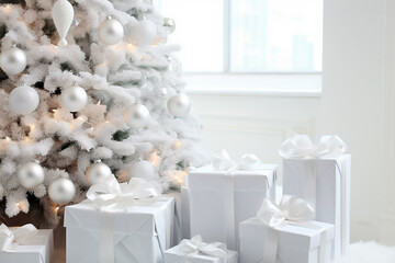 Dazzling white Christmas tree, wrapped in presented ornaments, awaits exchanging gifts with love.
