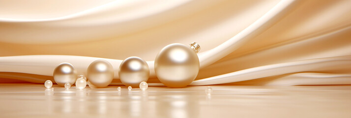 LUXURY BACKGROUND WITH PEARL NECKLACE ON WHITE SILK MATERIAL. MACRO, HORIZONTAL IMAGE. legal AI