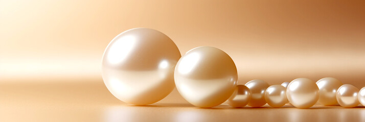 LUXURY BACKGROUND WITH PEARL NECKLACE ON WHITE SILK MATERIAL. MACRO, HORIZONTAL IMAGE. legal AI