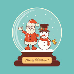 Glass ball with snow. Santa Claus hugs a snowman. Cute character in old retro cartoon style. Vintage holiday vector illustration for sticker, poster, design elements.