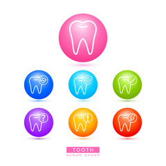 Tooth icons for health care ads or website. Medical Icon human organ with exclamation check question mark, cross and thunder. Ball round 3d isolated on white background. Vector EPS10.