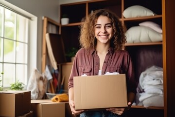 Student girl with curly hair holds box of things, moving to campus , studying - obrazy, fototapety, plakaty