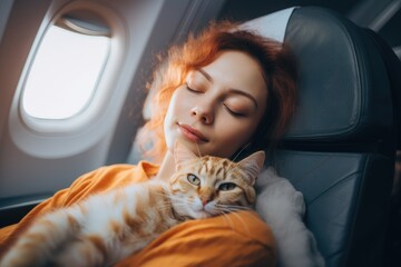 A woman sleeps in an airplane seat with cats