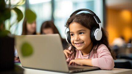 Happy little schoolgirl student in headphones watch online video lesson on computer laptop, schooler girl have online web class using laptop, study online on computer, homeschooling concept