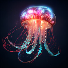 Glowing neon jellyfish with long tentacles