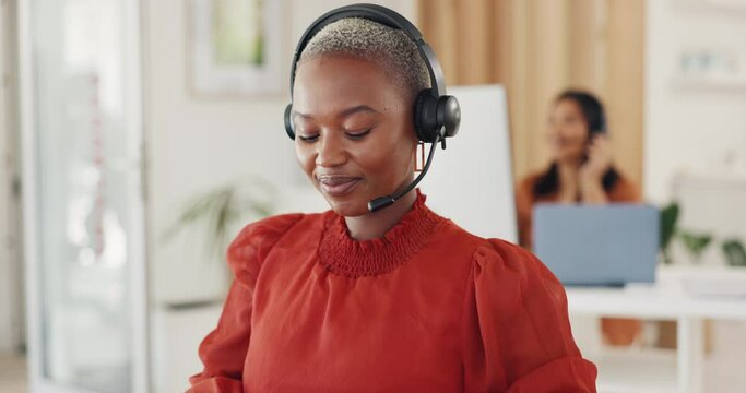 Contact us, call center and crm, black woman at computer in office, customer service agent with headset and smile. Help desk, telemarketing or sales consultant, happy advisory support and consulting.