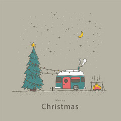 Christmas background with camper van. Vector illustration
