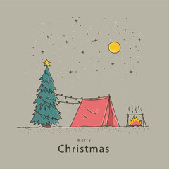 Hand drawn vector illustration of a camping tent, bonfire, Christmas tree and stars
