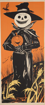 vintage style halloween poster of a scarecrow holding a jack-o-lantern