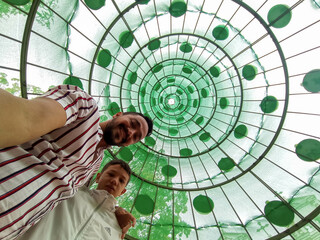 Underneath the Canopy: A unique perspective offers a vibrant gaze upward, capturing two individuals...