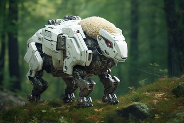 Image of sheep gundam robot technology an ectronic in the forest. Farm animals. Generative AI. Illustration. - obrazy, fototapety, plakaty