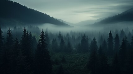 Misty pine forest valley landscape in the morning - obrazy, fototapety, plakaty