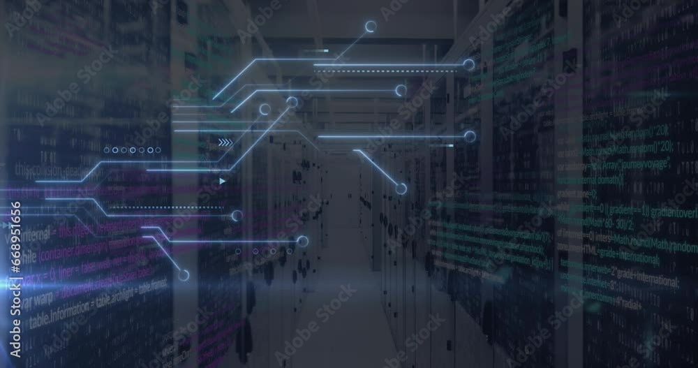 Poster animation of glowing microprocessor connections, light spot and data processing against server room