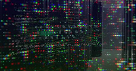 Animation of mosaic squares, virtual keyboard and data processing against computer server room - Powered by Adobe