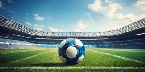 Soccer Ball On Green Field of football stadium for background ,Soccer ball in front of the stadium,Soccer Ball On Green Field of football stadium for background Generative AI
