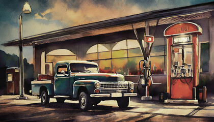Vintage pickup truck parked in front of a gas station - obrazy, fototapety, plakaty