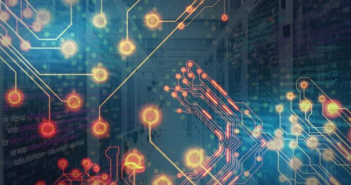 Animation of glowing red microprocessor connections against computer server room