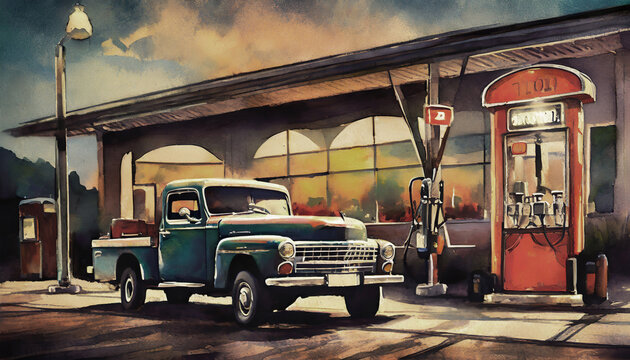 Vintage pickup truck parked in front of a gas station