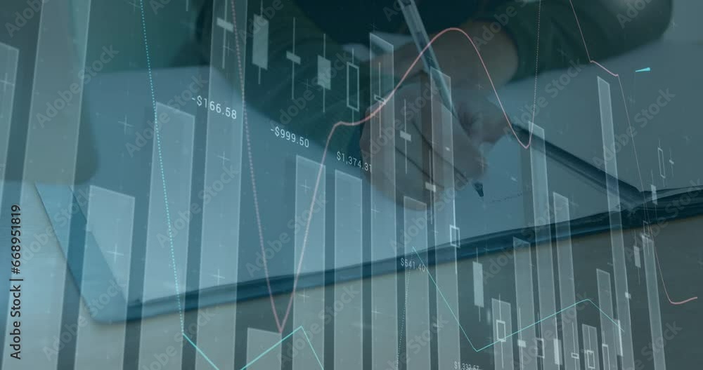 Poster animation of statistical data processing against mid section of a man taking notes at office