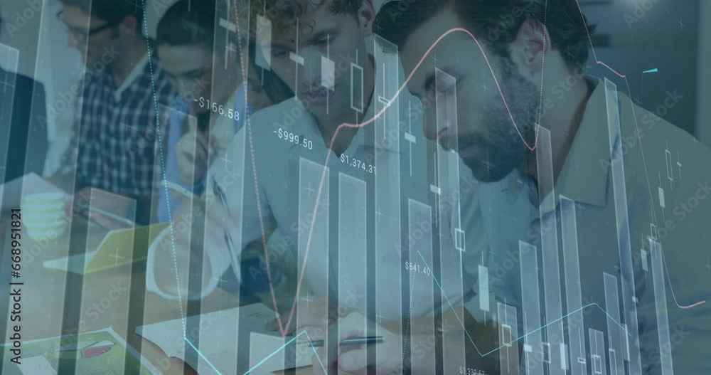 Poster animation of statistical data processing against two diverse men discussing at office