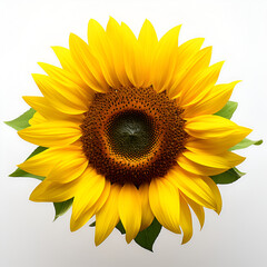 sunflower isolated on a white background. one yellow flower with leaves.