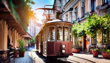 historical tram in the old town - obrazy, fototapety, plakaty