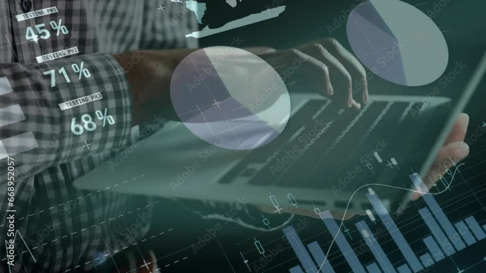 Poster animation of statistical data processing against mid section of man using laptop at office
