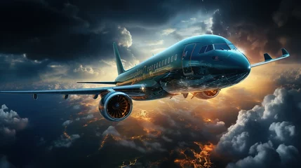 Foto op Canvas Airplane in the sky with thunder and lightning,The plane flies in terrible thunderstorm, Airplane in the sky with thunder and lightning © Morng