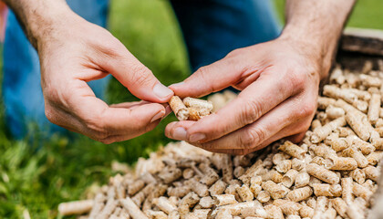 Check wood pellets with your hands - obrazy, fototapety, plakaty