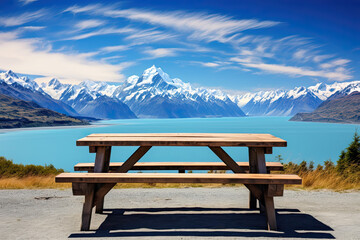 empty picnic table with lake mountain and blue sky view - obrazy, fototapety, plakaty