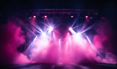 Dramatic concert stage with spotlights and laser lighting show and atmospheric smoke - obrazy, fototapety, plakaty