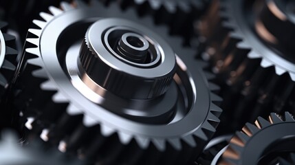 Close up of engine gear wheels, industrial background.