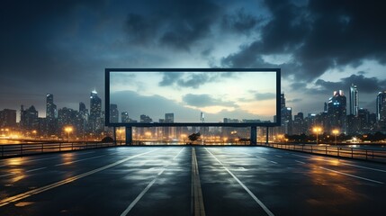 Blank billboard on the highway during the twilight with city background