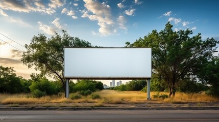 Blank billboard on the highway during the twilight with city background